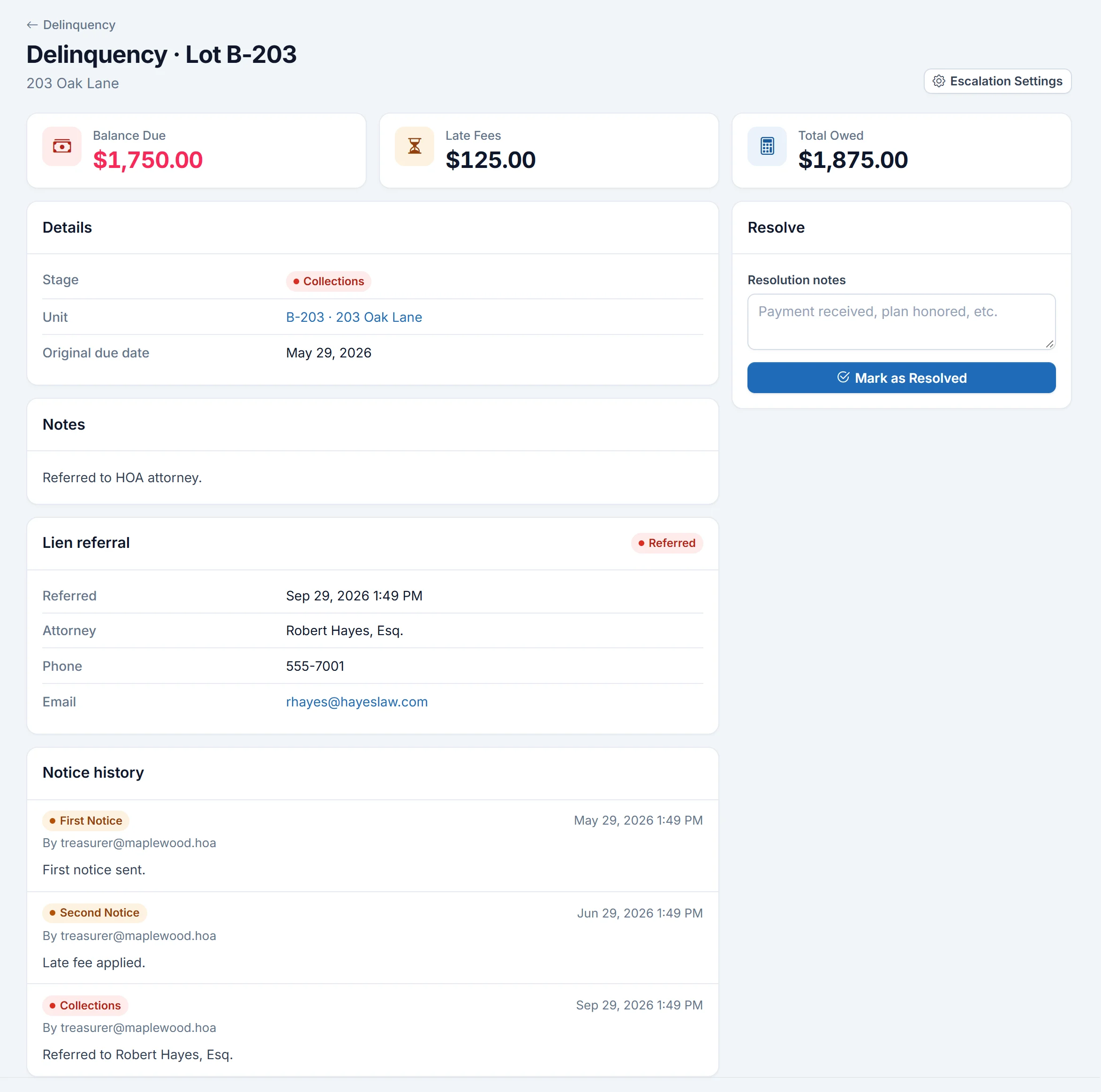 HOAOS delinquency case for demo lot B-203 at the Collections stage: $1,750 balance, $125 in late fees, the lien referral with the attorney's contact details, and the notice history.