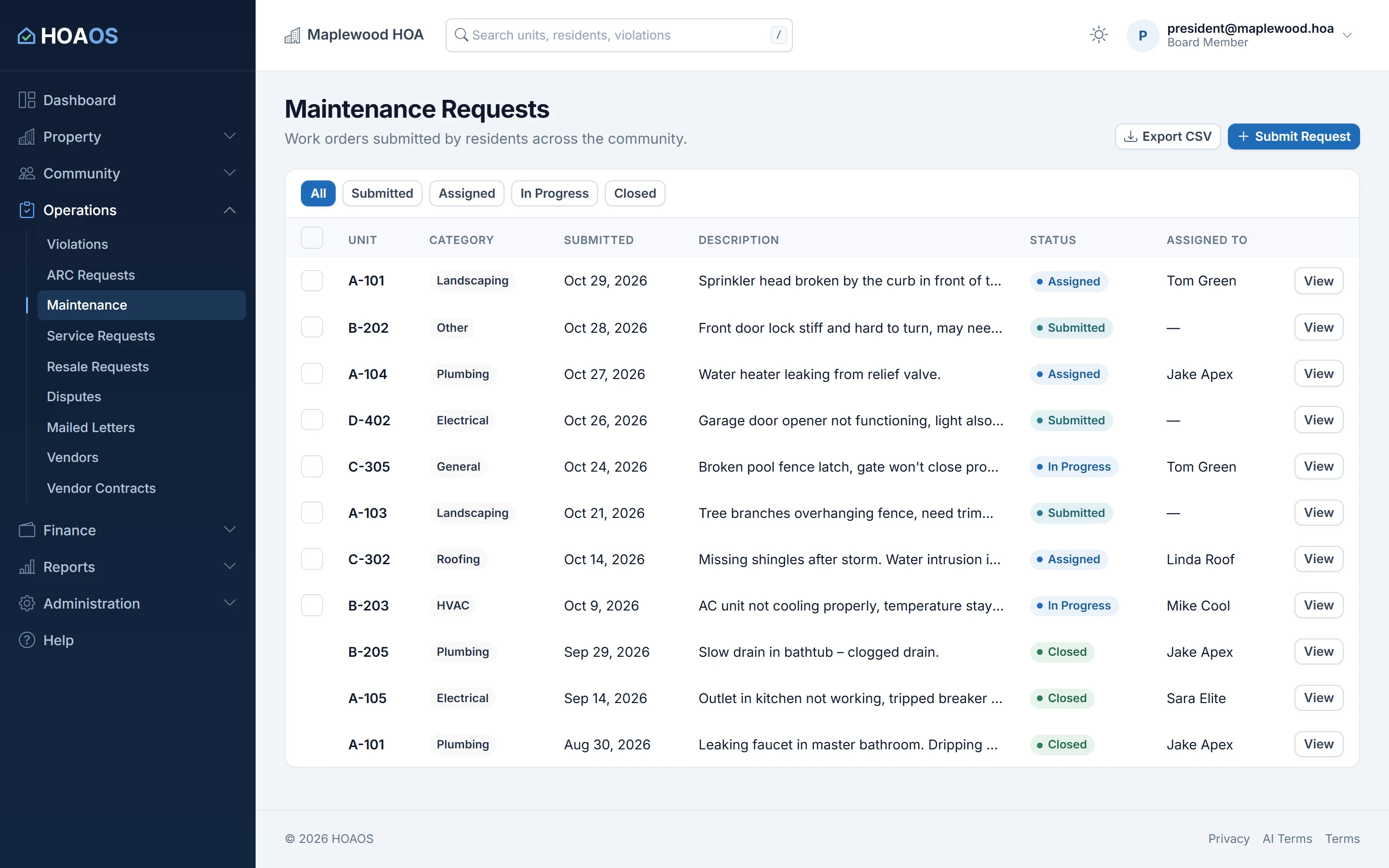 HOAOS maintenance requests list for the Maplewood demo community, with unit, category, description, status from submitted to closed, and the vendor or person assigned.