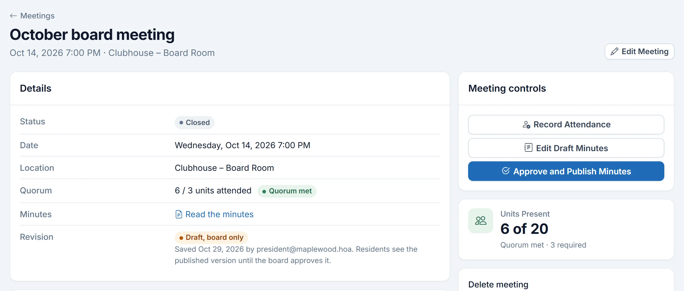 HOAOS meeting page for the October board meeting: published minutes residents can read, and a revision saved as a board-only draft with an Approve and Publish Minutes button.