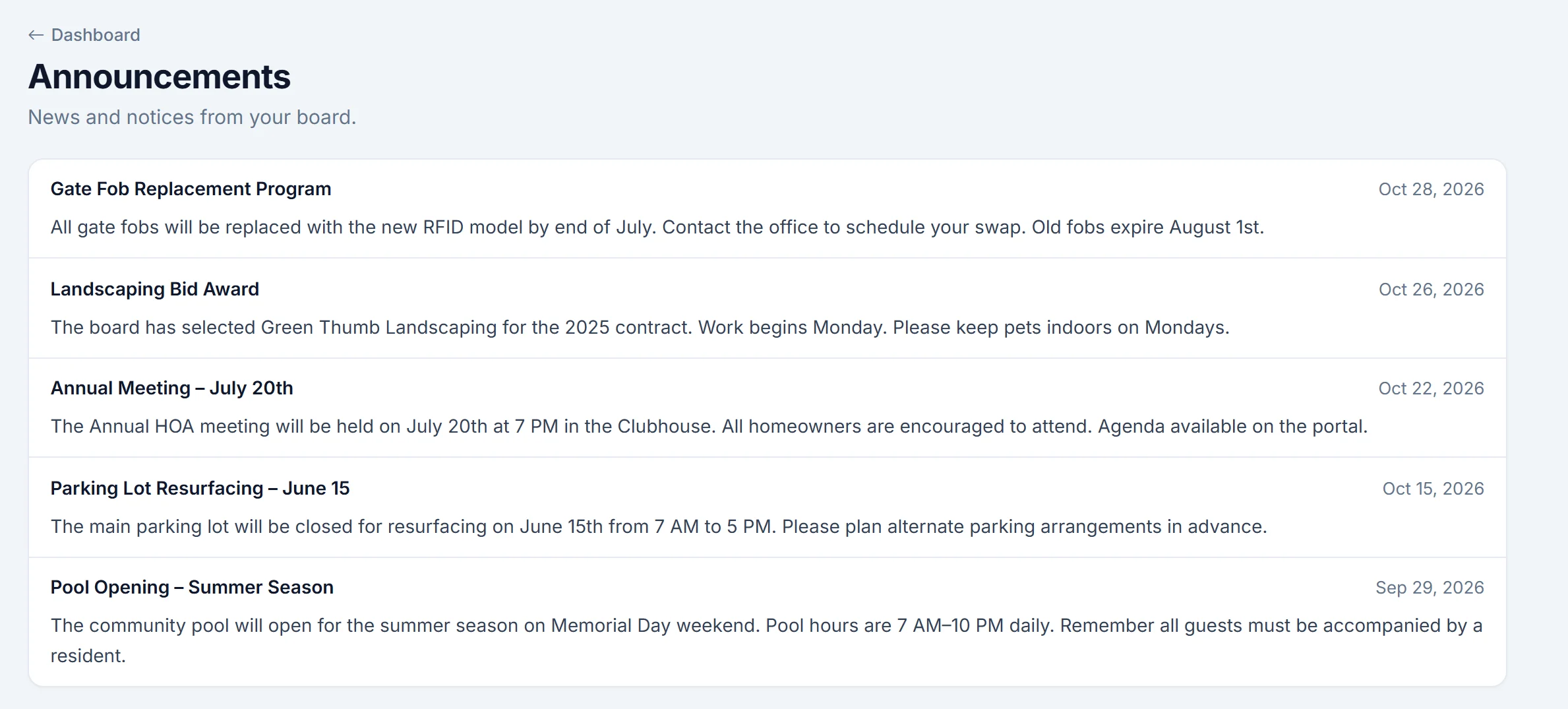 HOAOS resident announcements feed with posts from the board about gate fob replacements, the landscaping contract, the annual meeting, parking lot resurfacing and the pool opening.