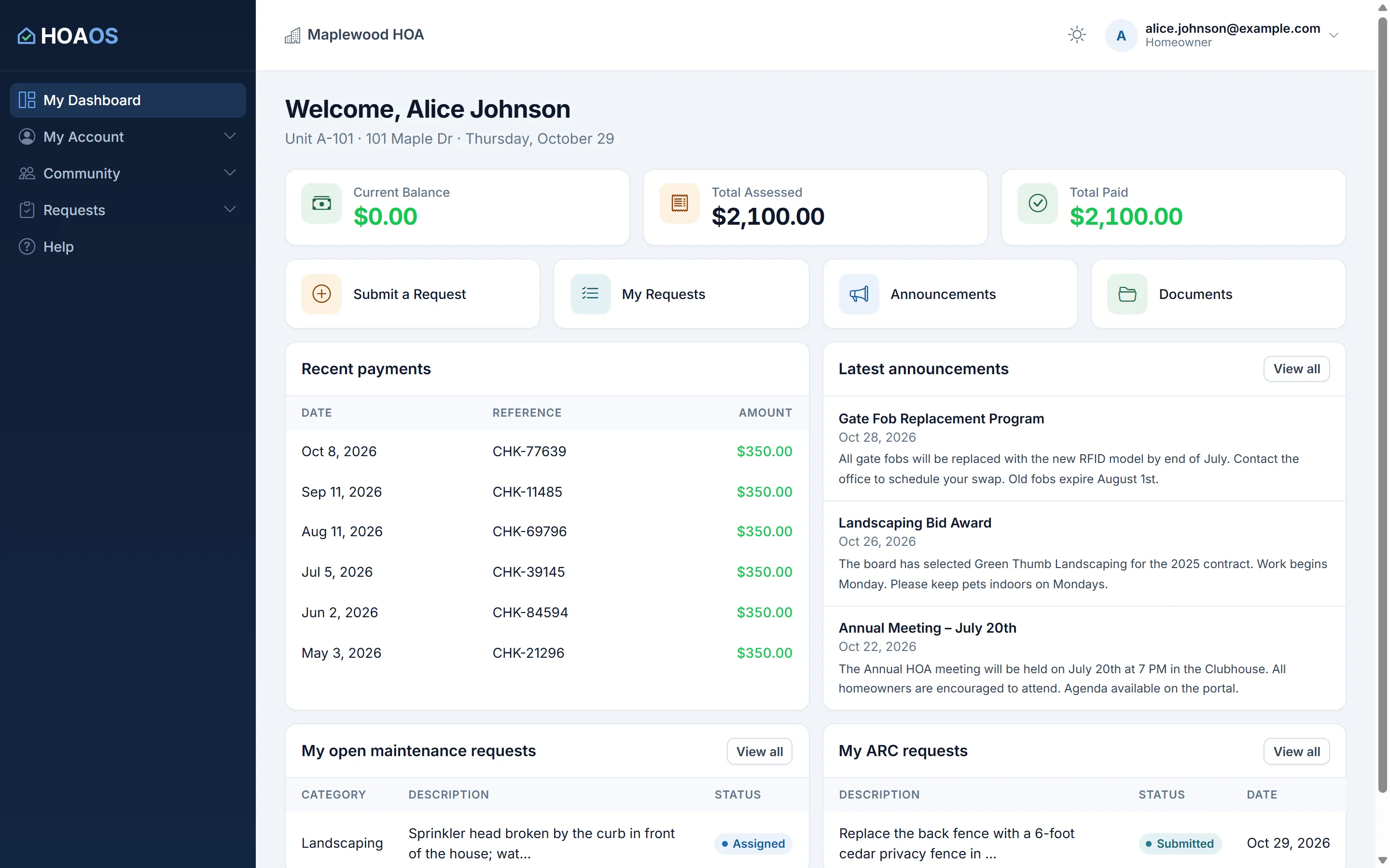 HOAOS owner dashboard for demo owner Alice Johnson, unit A-101: current balance, total assessed and paid, shortcuts, recent payments, latest announcements, and her open maintenance and ARC requests.