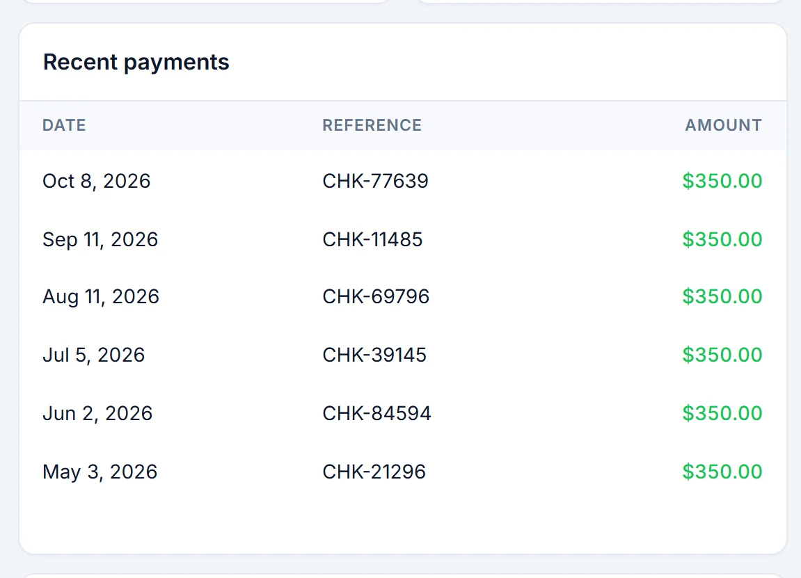 Recent payments on an owner's HOAOS dashboard: six $350 payments with their dates and check references.