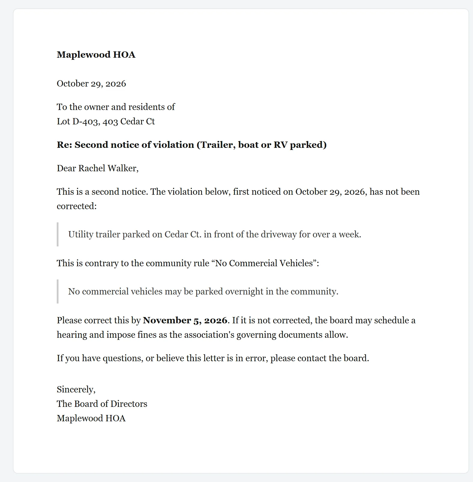 A HOAOS second notice letter from the Maplewood HOA demo community to the residents of lot D-403 about a trailer parked on the street, quoting the community rule and asking for it to be corrected by November 5.