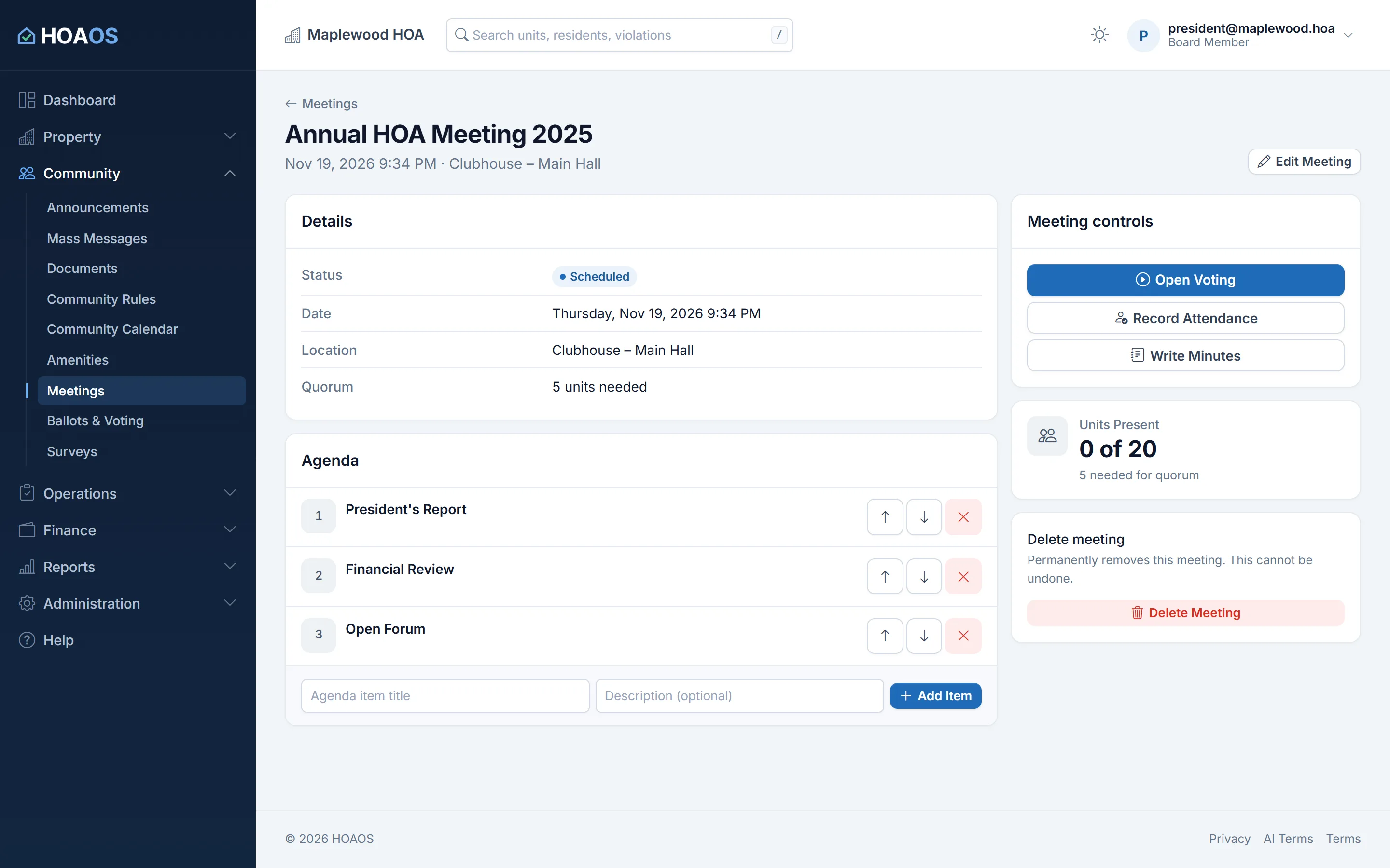 A scheduled HOAOS annual meeting in the clubhouse with its quorum, a three-item agenda, units present against quorum, and buttons to open voting, record attendance and write minutes.