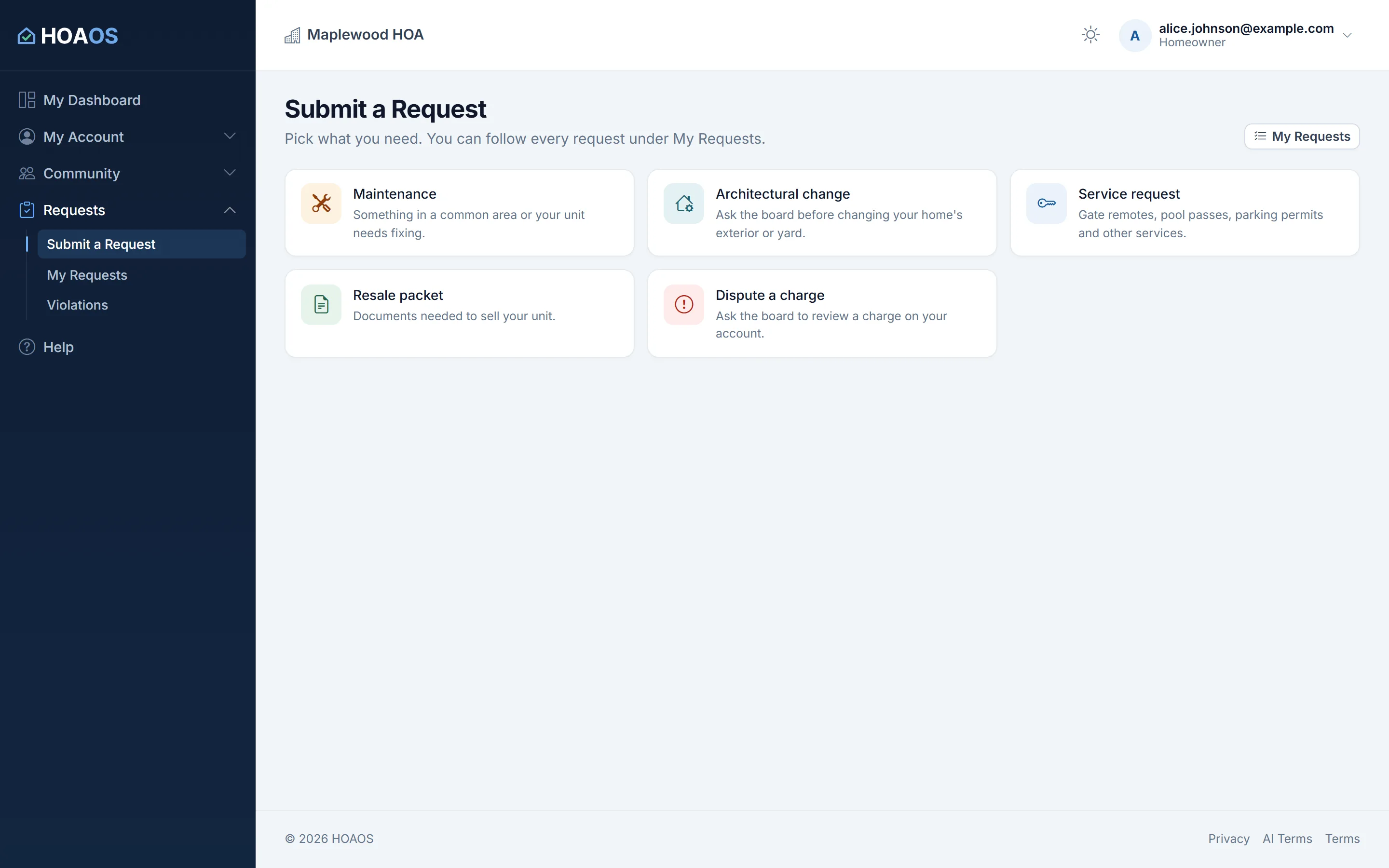 HOAOS Submit a Request page for owners: maintenance, architectural change, service request, resale packet and dispute a charge.