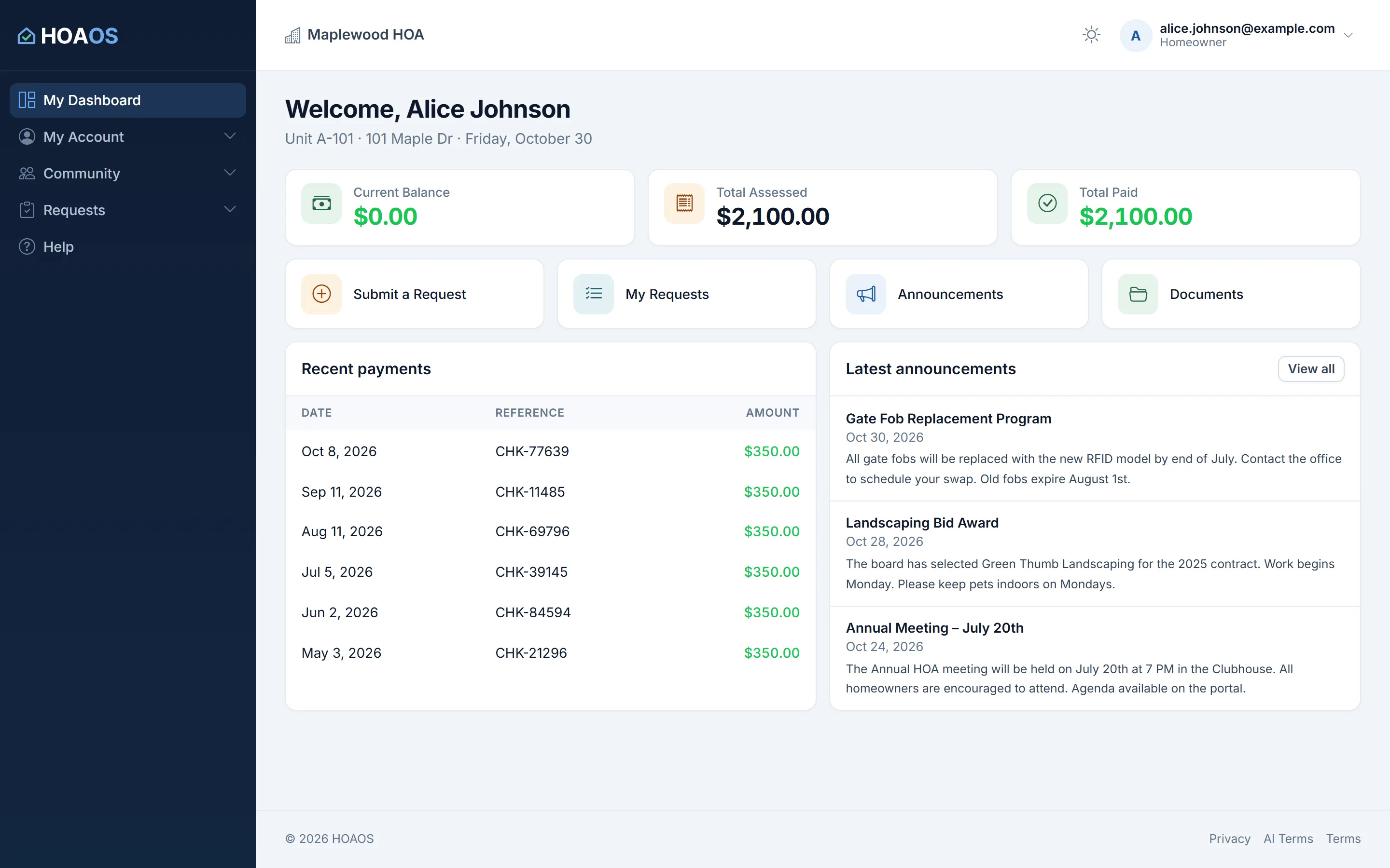 HOAOS resident portal for demo owner Alice Johnson, unit A-101: current balance, total assessed and paid, shortcuts, recent payments and the latest announcements.