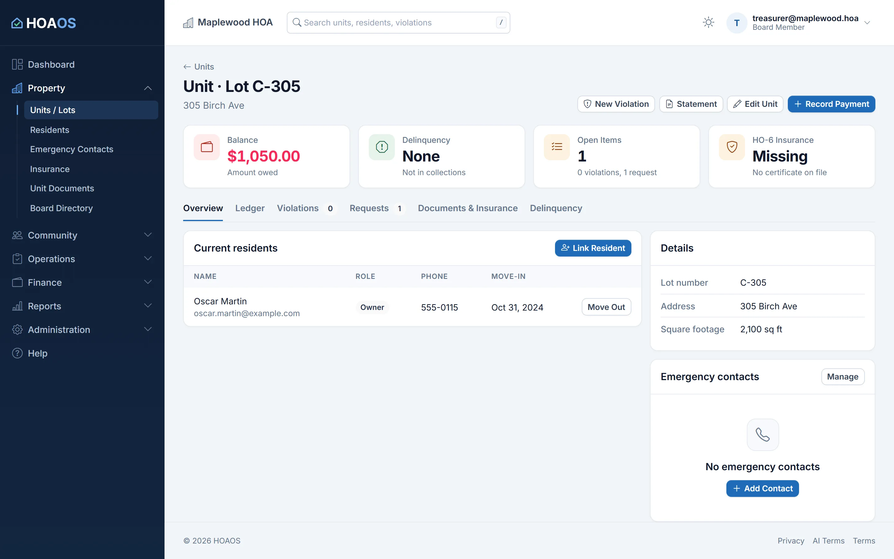 HOAOS page for demo lot C-305: balance owed, delinquency, open items and HO-6 insurance status, tabs for the ledger, violations, requests and documents, and the current owner.