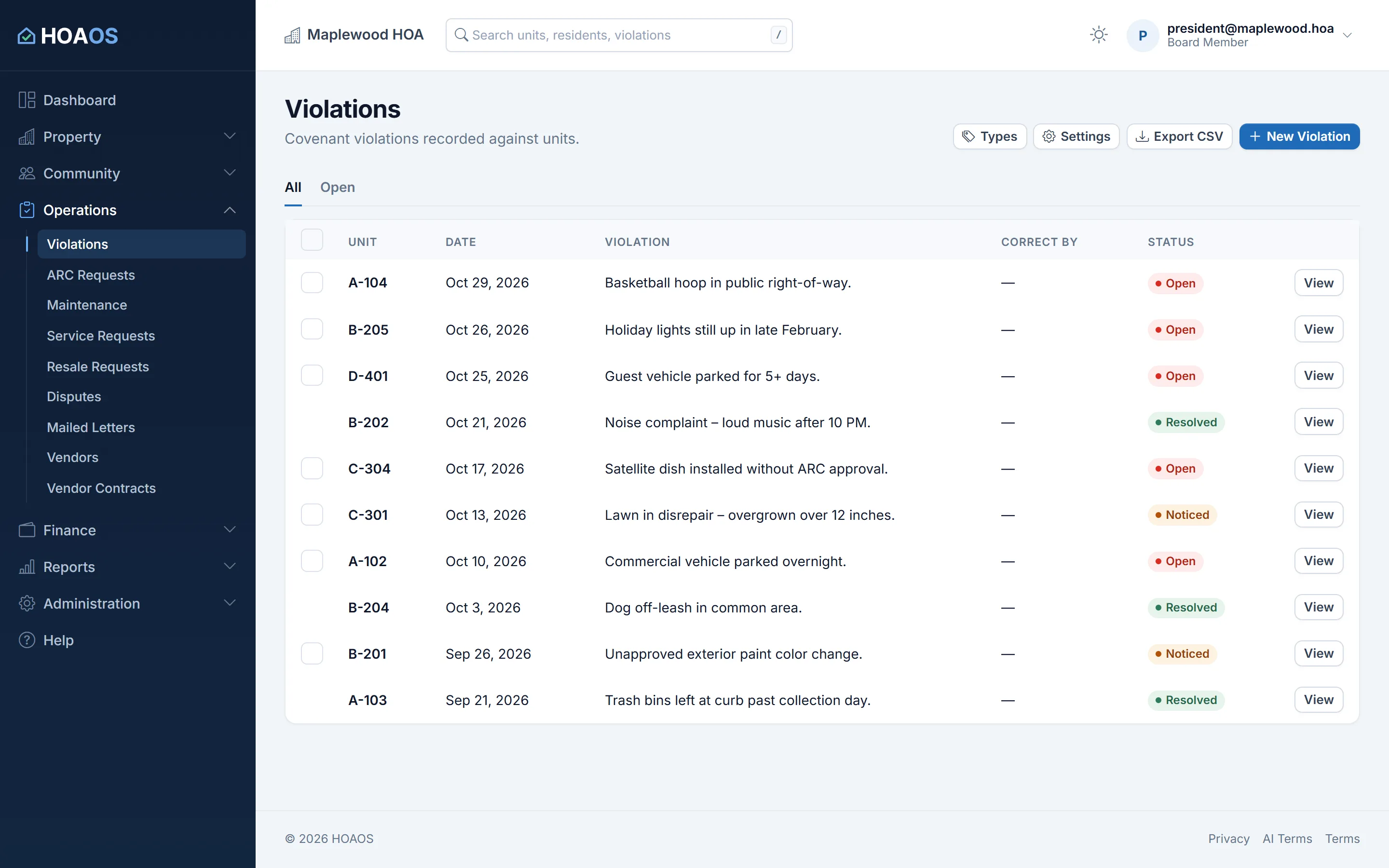 HOAOS violations list for the demo community, with unit, date, description and a status for each: open, noticed or resolved.