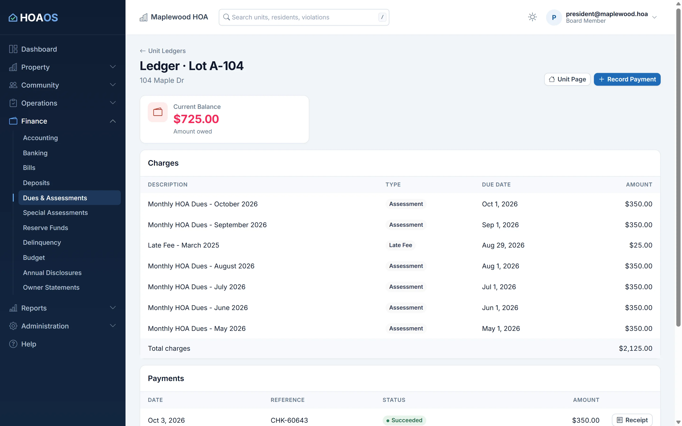HOAOS unit ledger for demo lot A-104: a $725 current balance, monthly HOA dues charges, a late fee and the payments that posted against them.