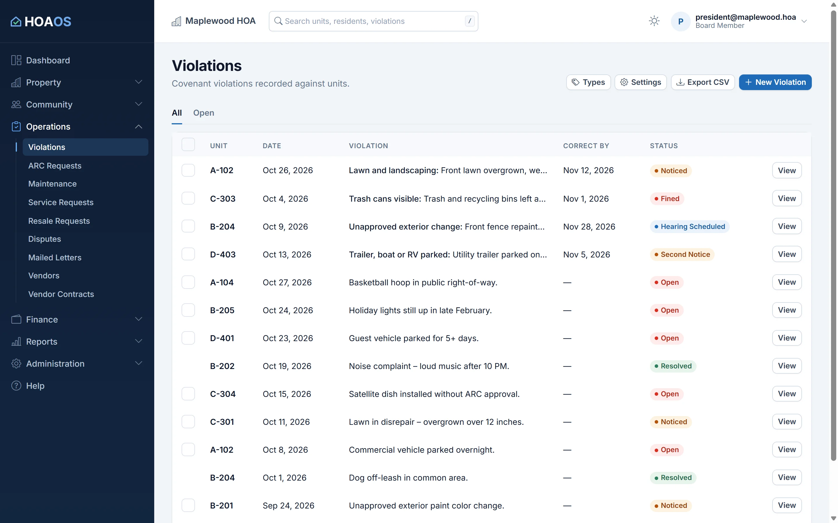 HOAOS violations list for the Maplewood demo community: unit, date, violation, correct-by date and status, from open and noticed to second notice, hearing scheduled, fined and resolved.