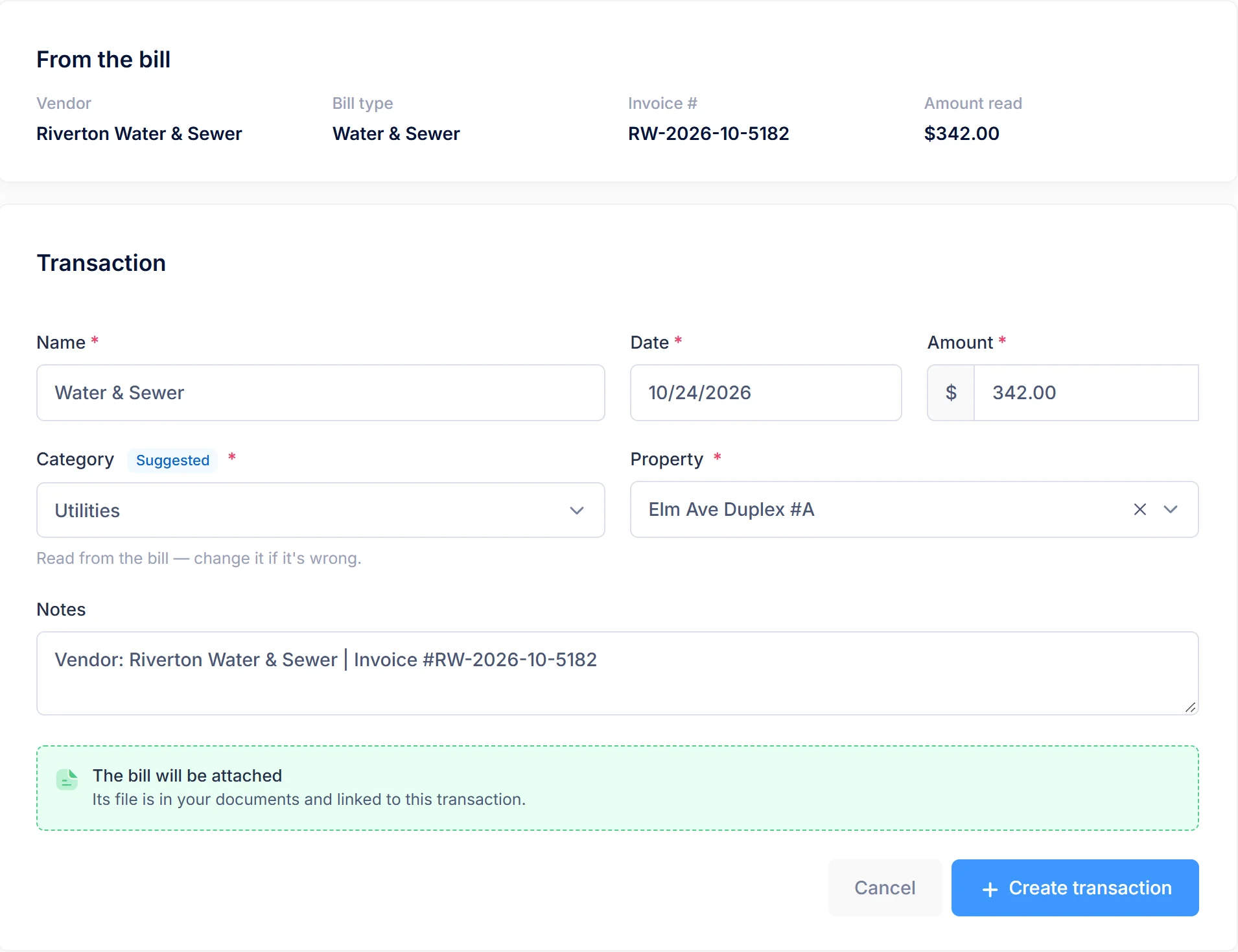 LandlordOS Create transaction form filled in from a water bill it read: vendor, invoice number, $342.00, the invoice date, Utilities suggested, the property and the bill attached.