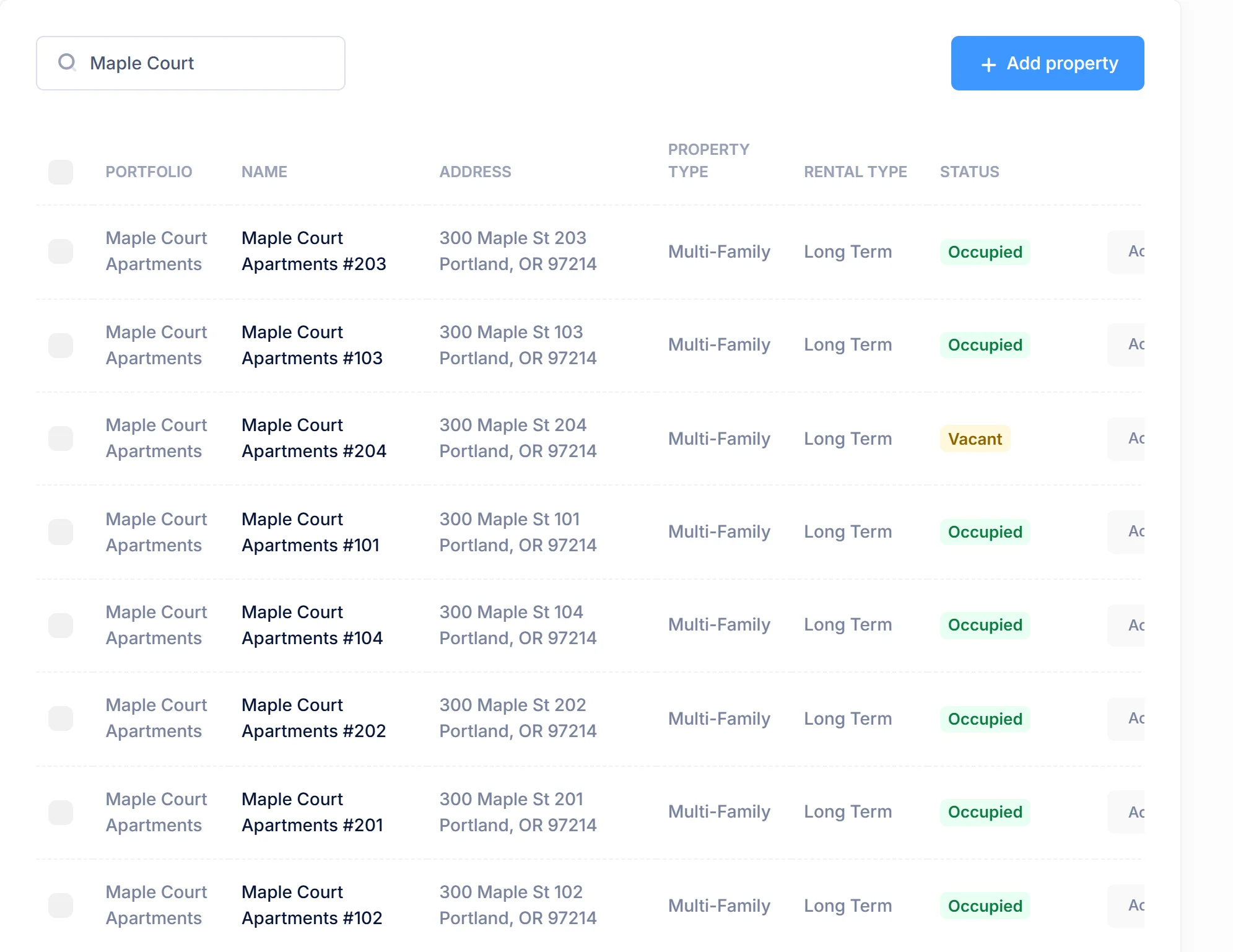 LandlordOS property list filtered to the Maple Court Apartments portfolio, with each unit’s address, type and occupied or vacant status.