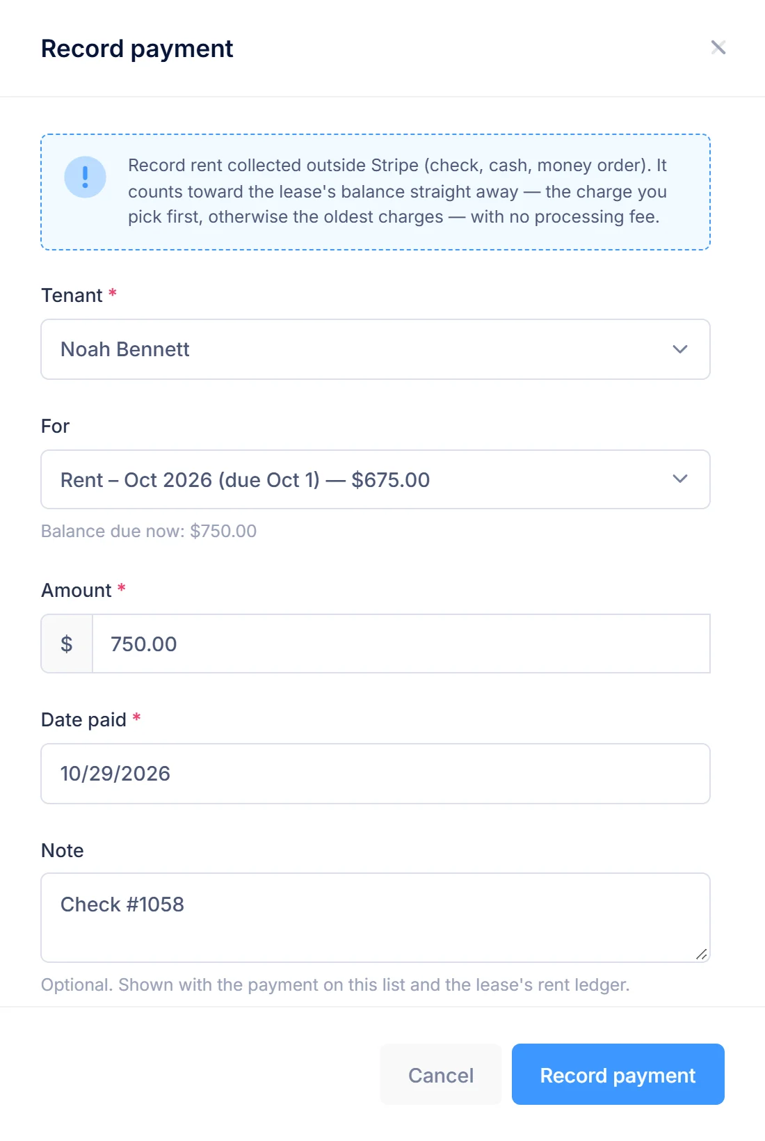 LandlordOS Record payment form: tenant, the charge it pays, $750.00 amount, date paid and the note “Check #1058”.