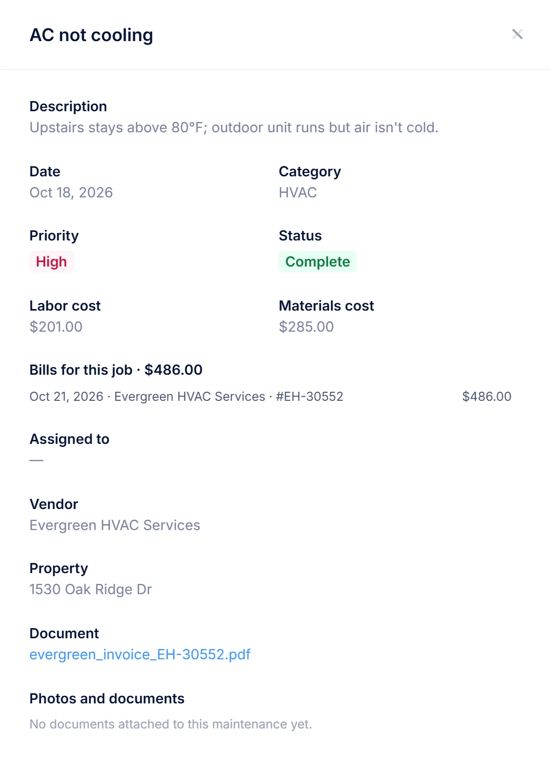 LandlordOS request detail for AC not cooling: Complete, High priority HVAC, $201 labor and $285 materials, the $486 vendor bill for this job and the invoice attached.