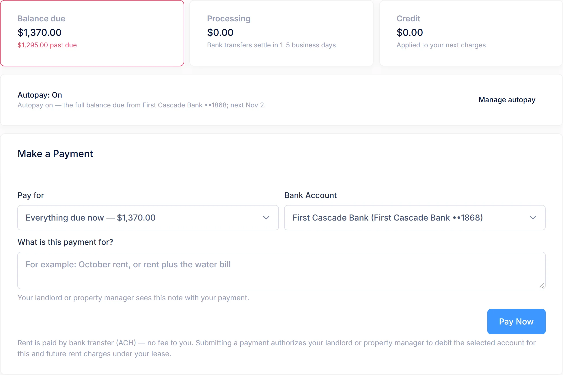 LandlordOS tenant portal Payments page: balance due with the past-due amount, processing and credit, autopay on, and a form to pay by bank transfer.