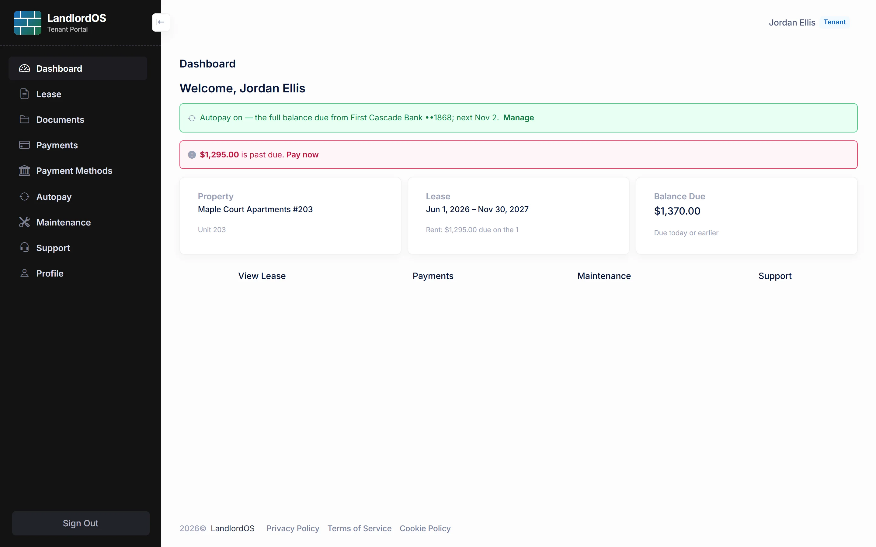 LandlordOS tenant portal dashboard: autopay on, a past-due notice, the property, lease dates and rent, the balance due and links to payments, maintenance and support.