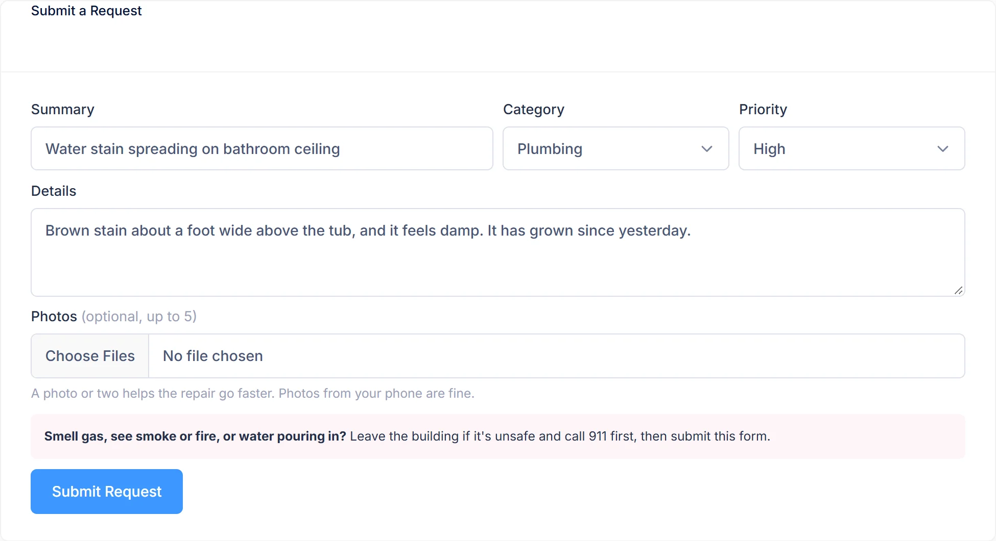 LandlordOS tenant portal request form filled in: a water stain on the bathroom ceiling, Plumbing, High priority, a description and a photo upload.