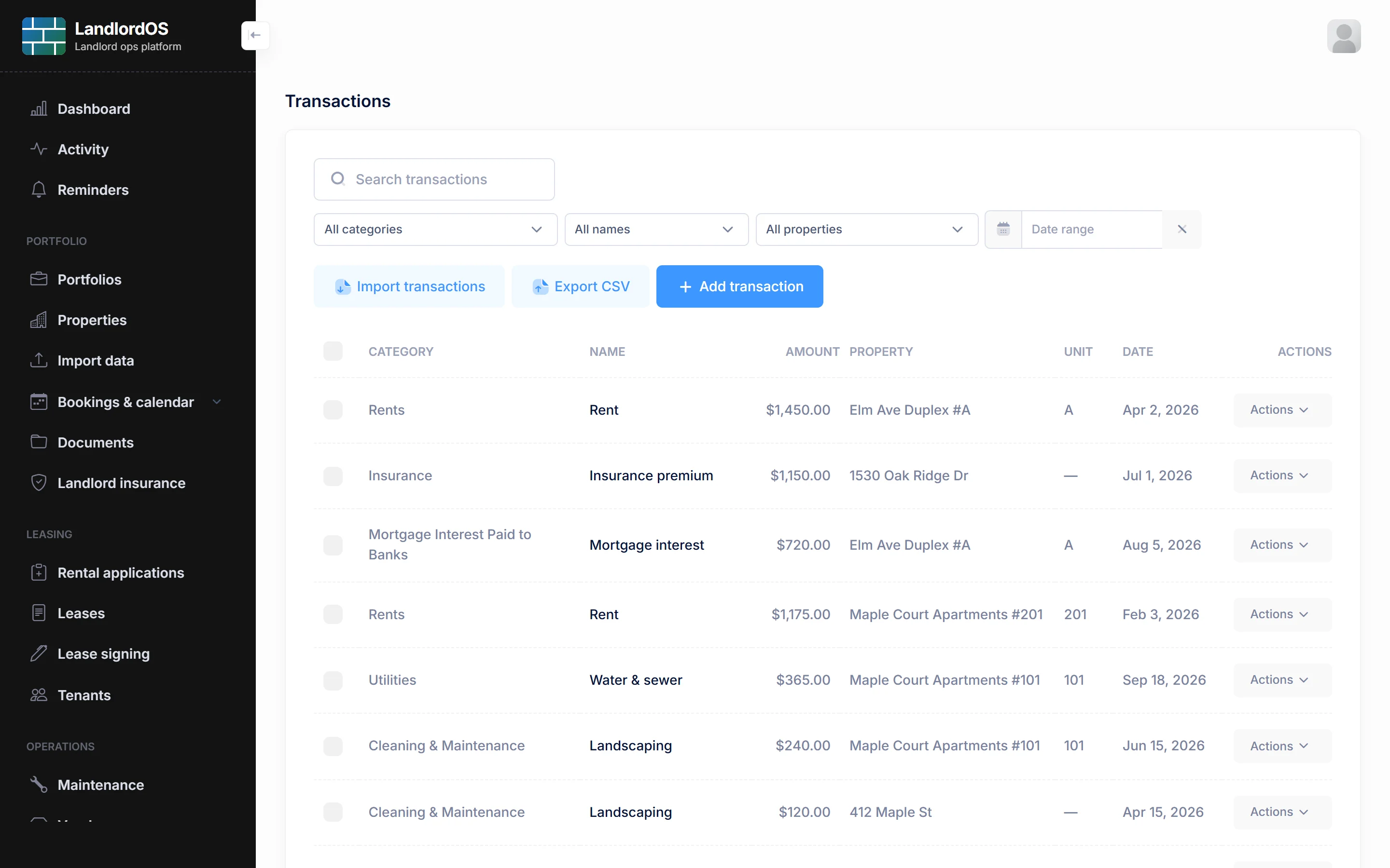 LandlordOS transactions list with filters, import and export, and each transaction’s category, name, amount, property and date.