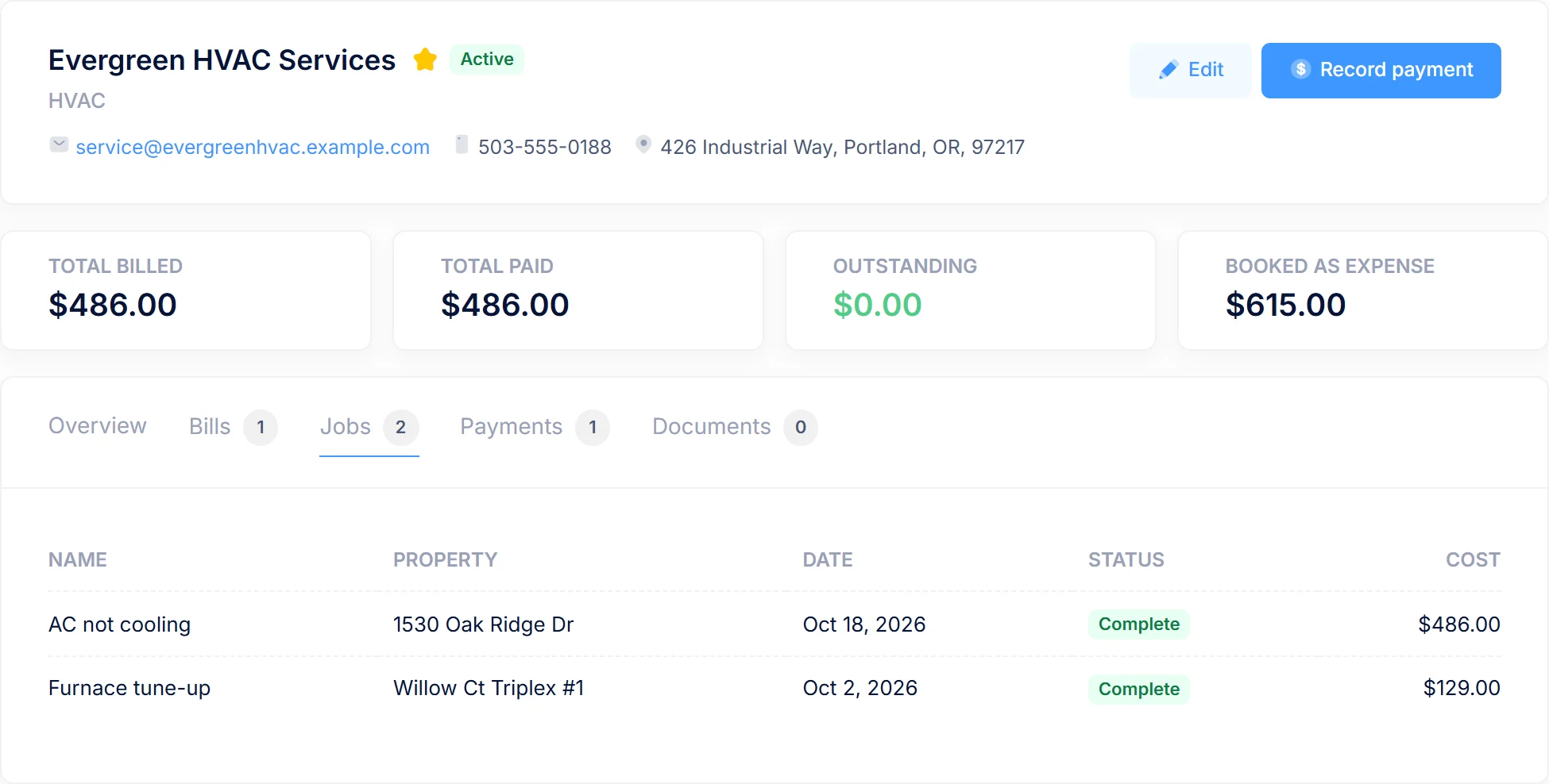 LandlordOS vendor page for an HVAC contractor: total billed and paid, nothing outstanding, and the two jobs it did with their cost.