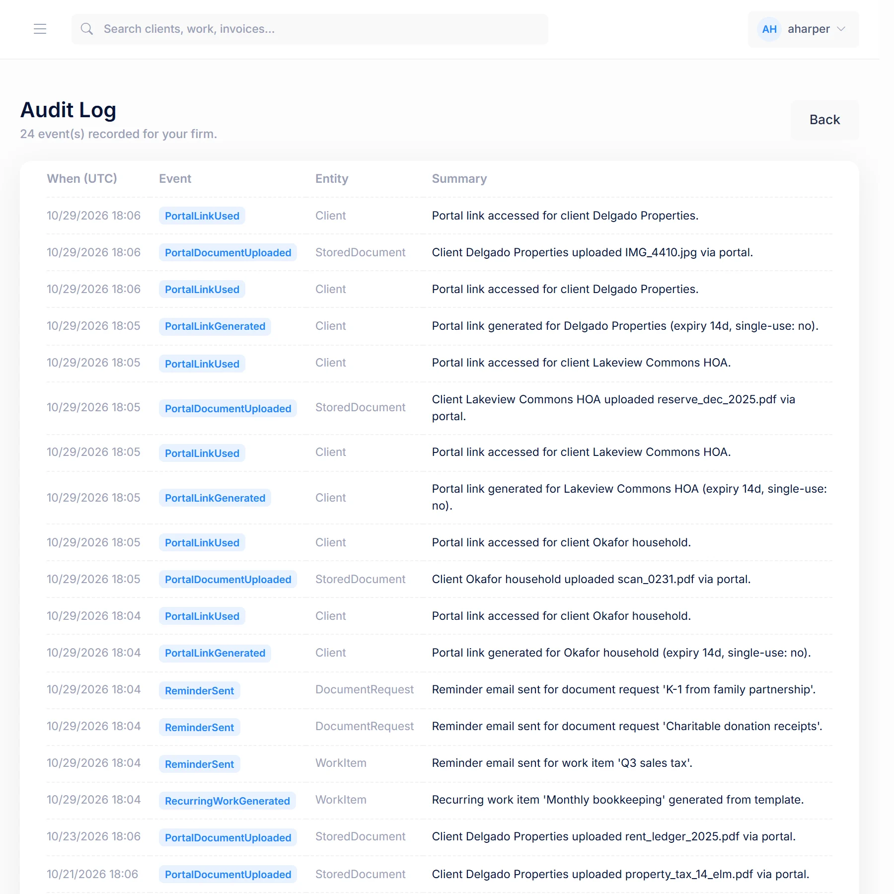 The PraxiOS audit log: portal links generated and used, portal uploads, reminder emails and recurring work, each with time, event, entity and summary.