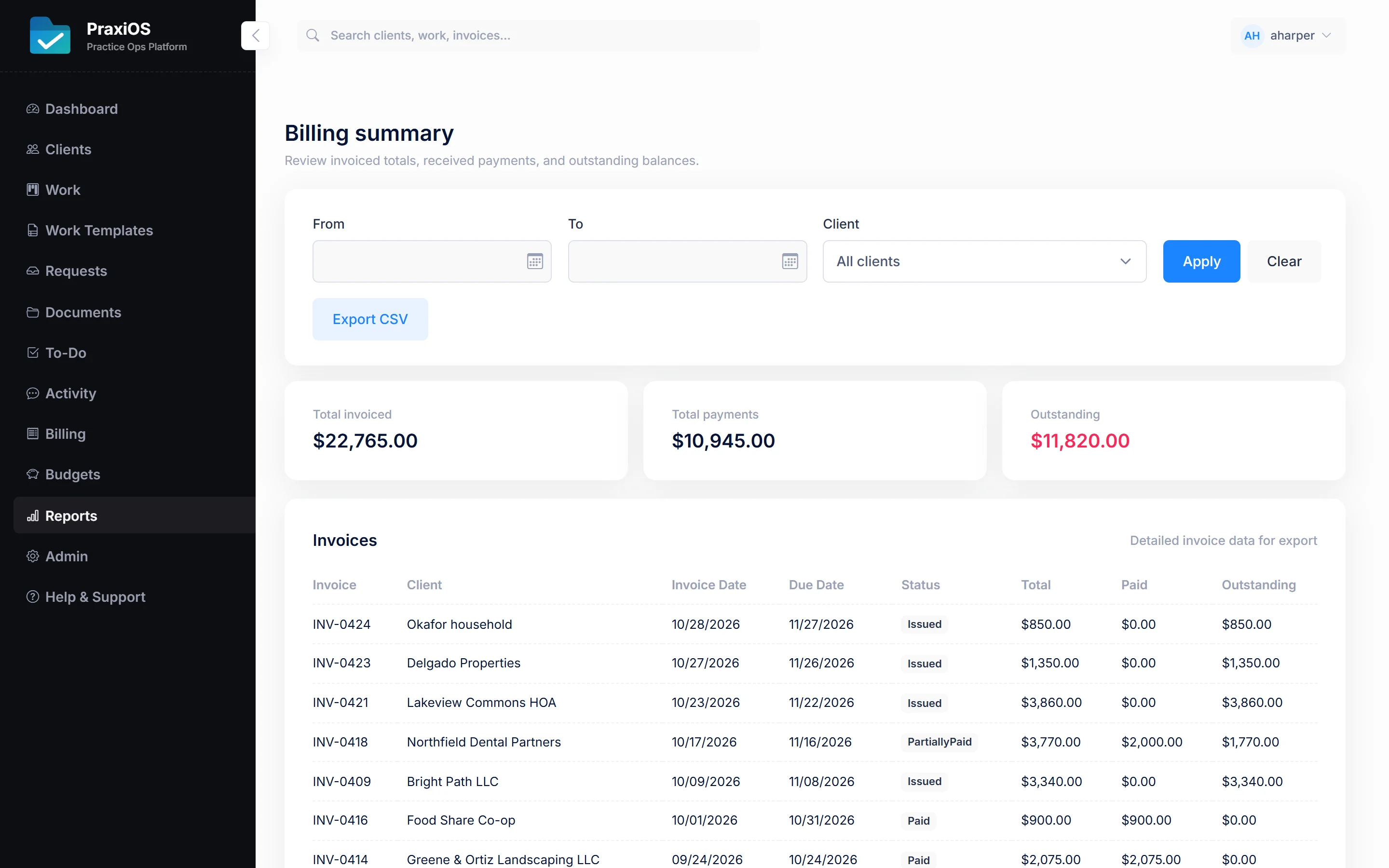 PraxiOS billing summary report: total invoiced, payments and outstanding, and each invoice with its status, total, amount paid and balance, with CSV export.