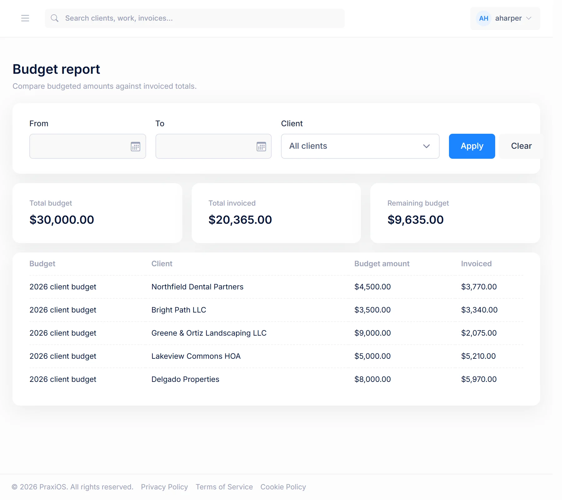 PraxiOS budget report comparing each client&rsquo;s yearly budget with the amount invoiced, with totals for budget, invoiced and remaining.