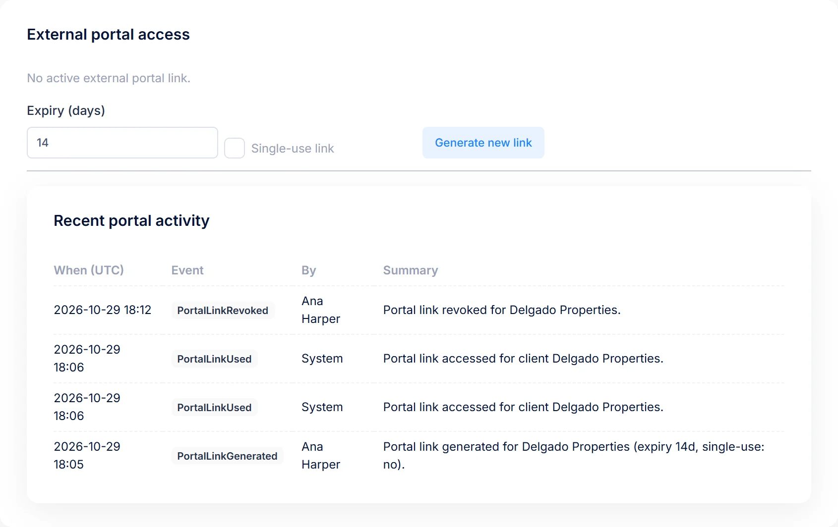 External portal access on a client&rsquo;s page in PraxiOS: expiry and single-use options, and a log of the link being generated, used and revoked.