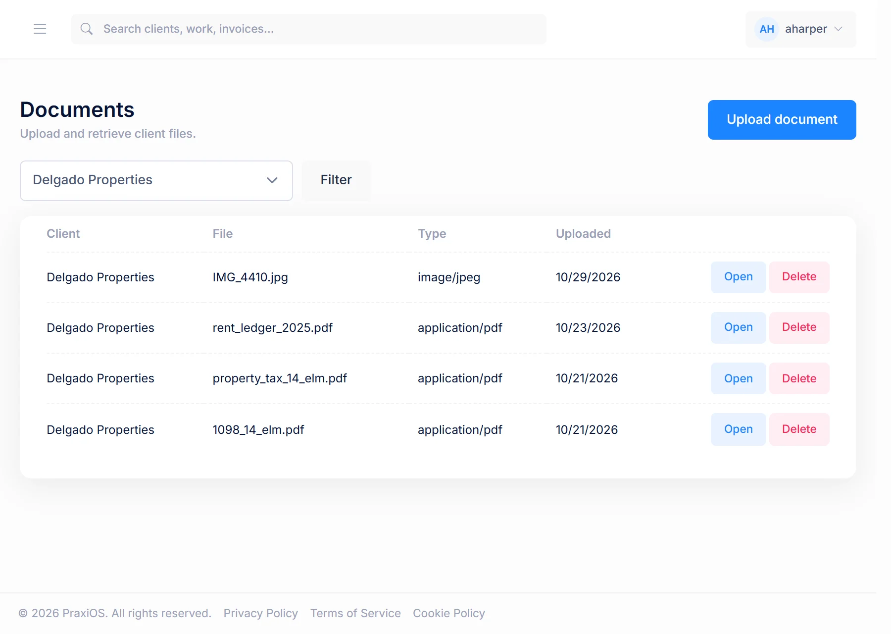 Documents a landlord client uploaded through the portal, listed for staff in PraxiOS with upload dates.