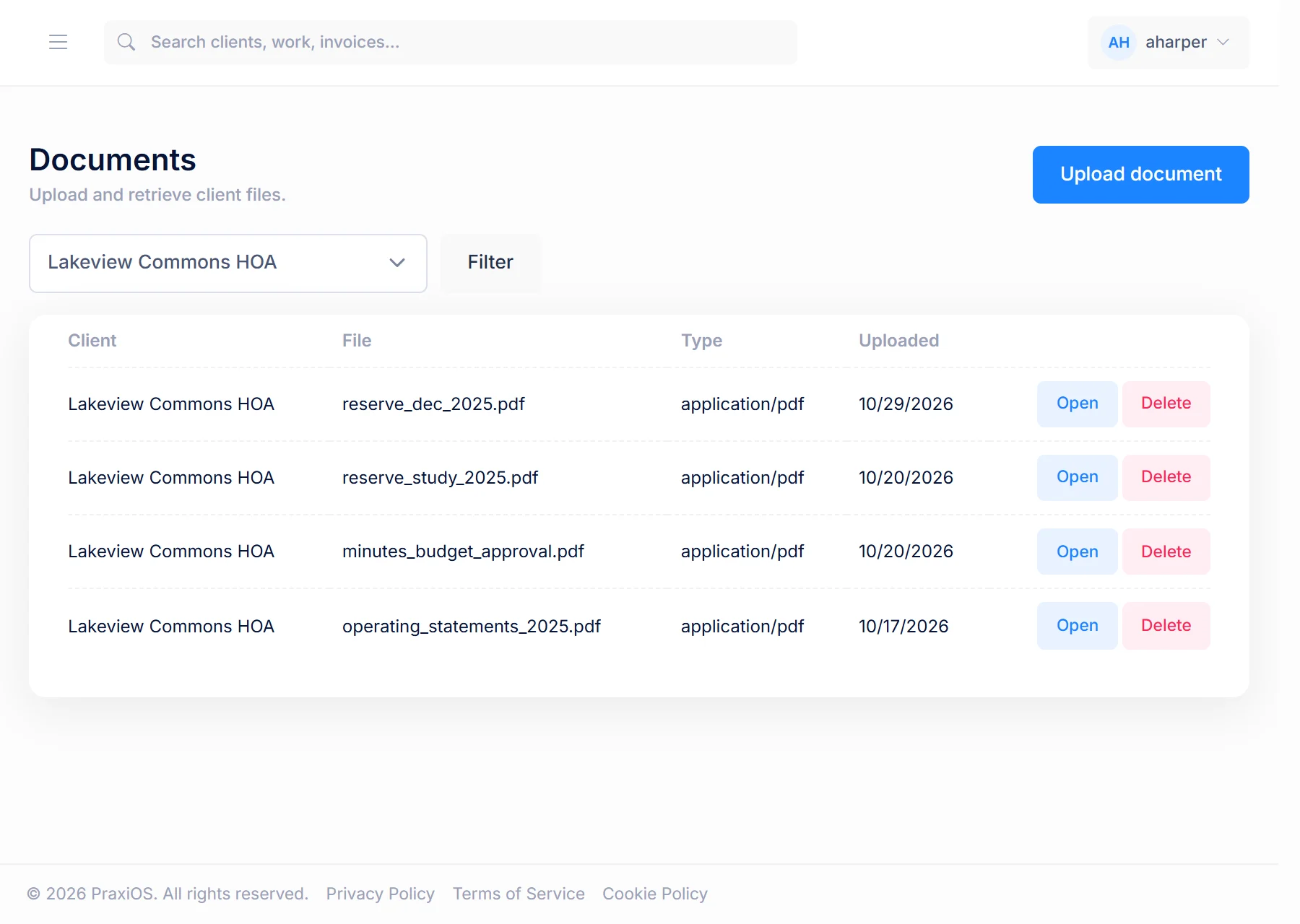 Documents an HOA treasurer uploaded through the portal, listed for staff in PraxiOS with upload dates.
