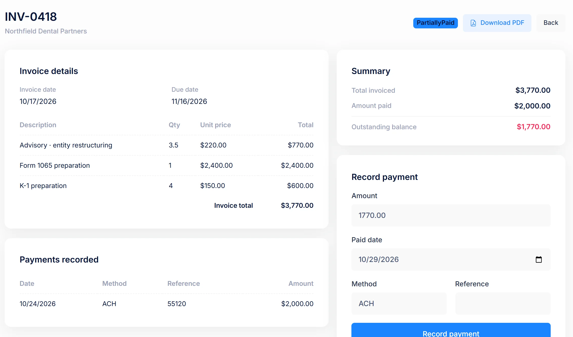 Invoice INV-0418 in PraxiOS: three lines totalling $3,770, a $2,000 ACH payment recorded, $1,770 outstanding and status Partially paid.