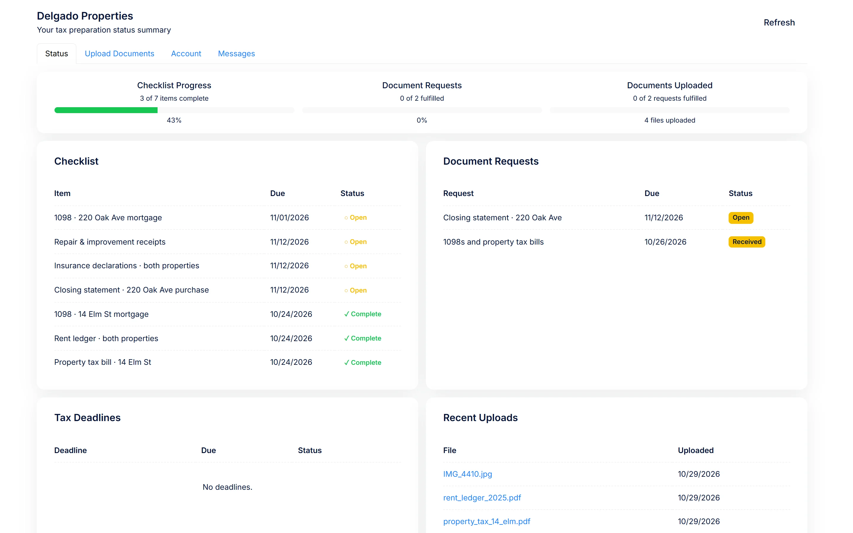 The PraxiOS client portal for a demo landlord: rental checklist progress, document requests and the files they uploaded.
