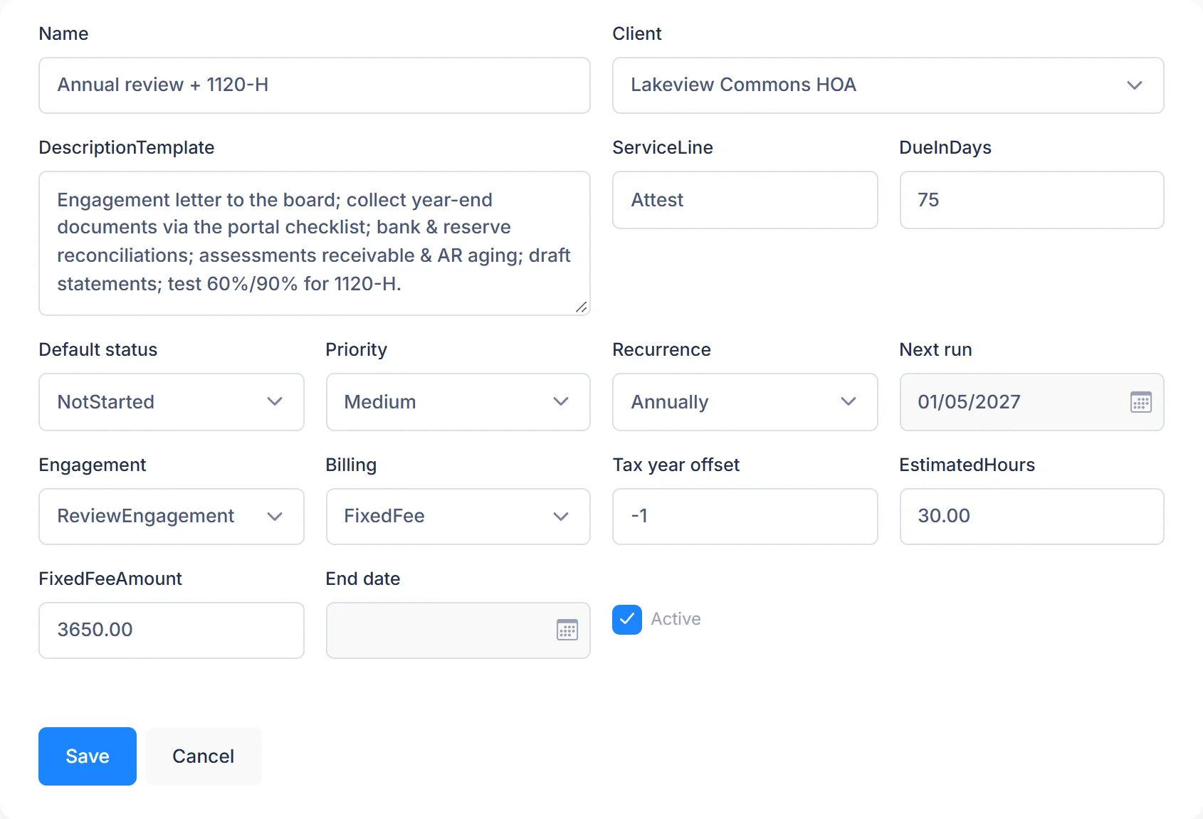A yearly work template in PraxiOS for an HOA&rsquo;s annual review and Form 1120-H, with its steps in the description, fixed fee and tax year offset.