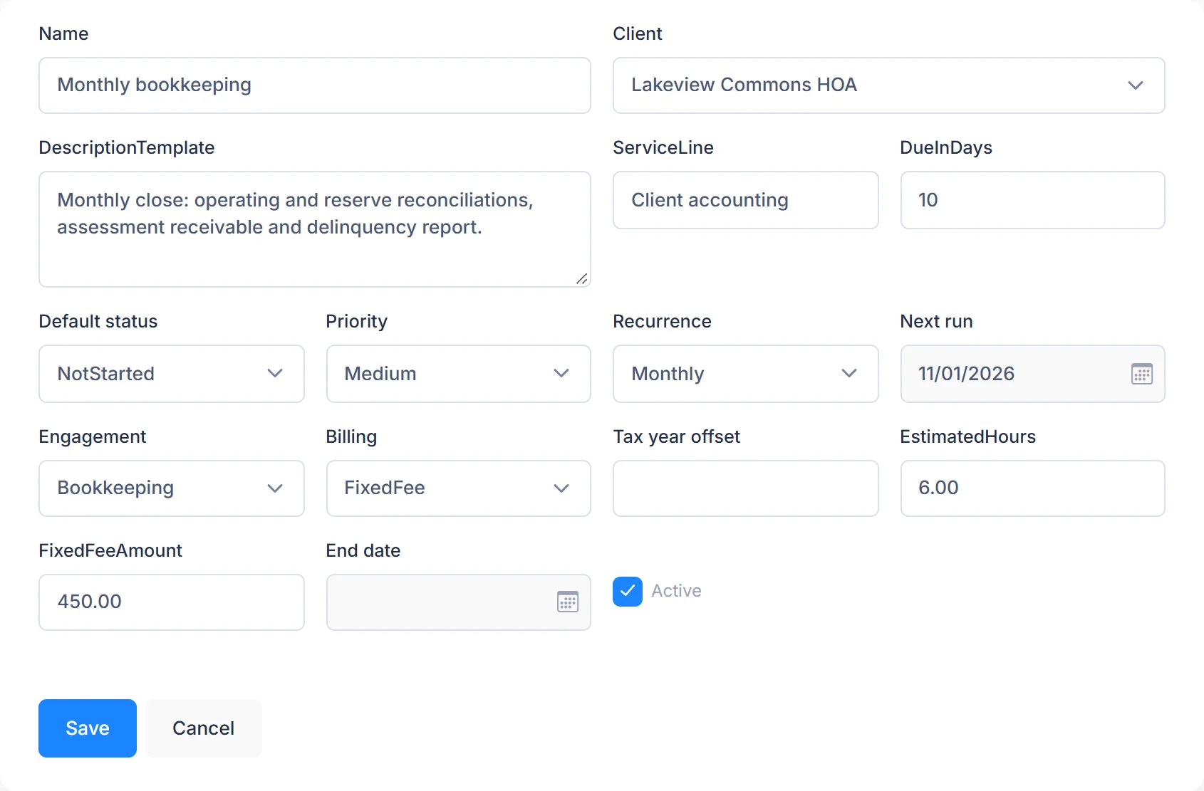 Editing a recurring work template in PraxiOS: monthly bookkeeping for an HOA client, with recurrence, next run date, due-in days, priority, engagement and billing type.