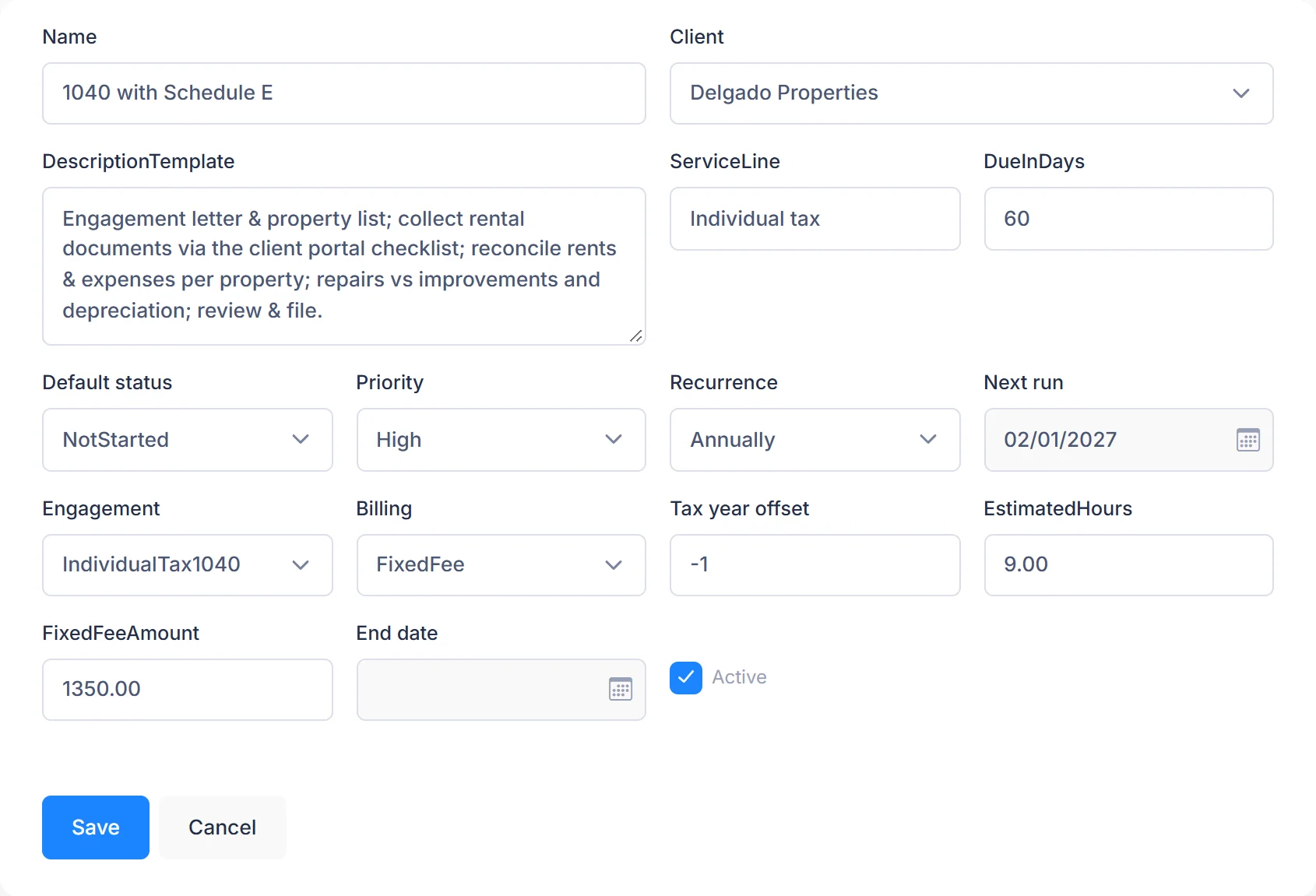 A yearly work template in PraxiOS for a 1040 with Schedule E, with its steps in the description, fixed fee and tax year offset.
