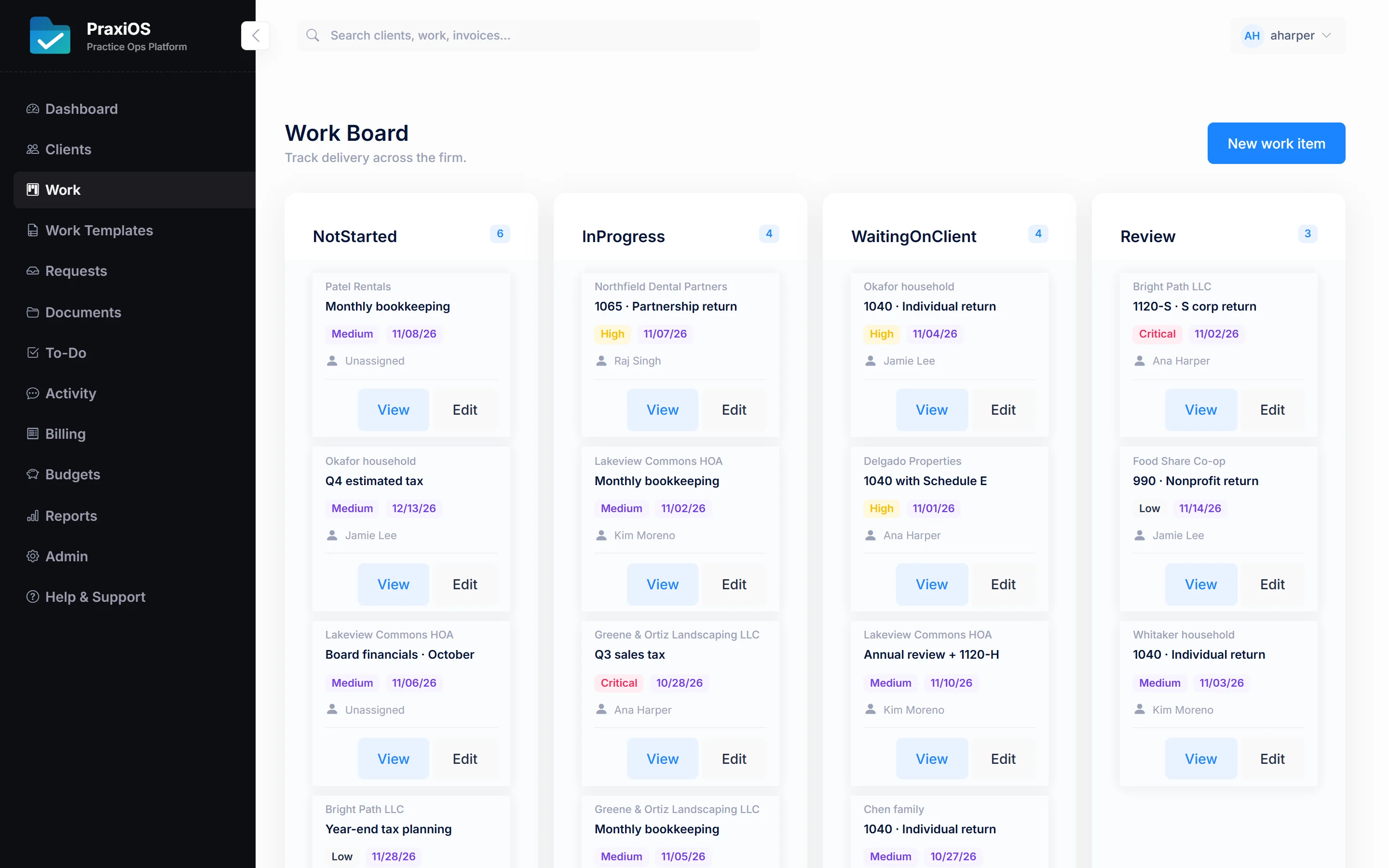 PraxiOS work board for the demo firm Harper & Lowe CPAs: client jobs in status columns, each with a priority, due date and owner.