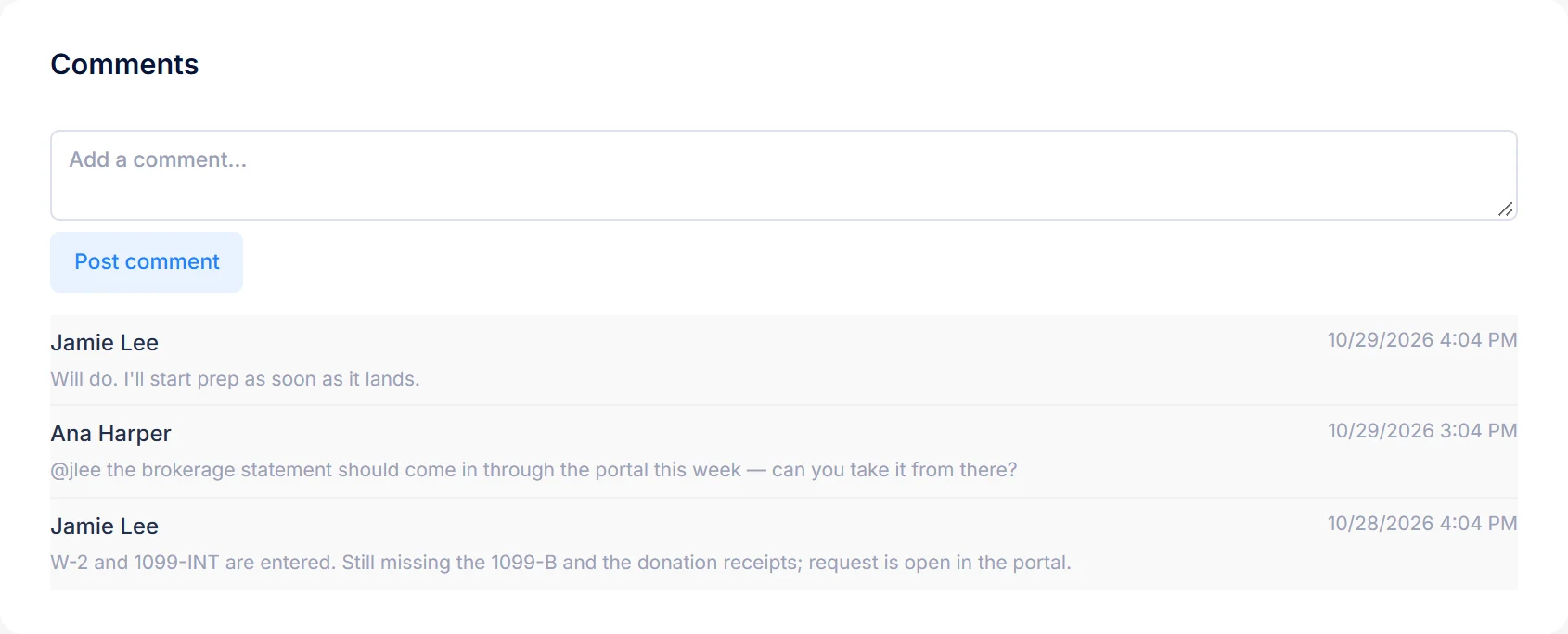 Comment thread on a work item in PraxiOS, including an @mention of a colleague.