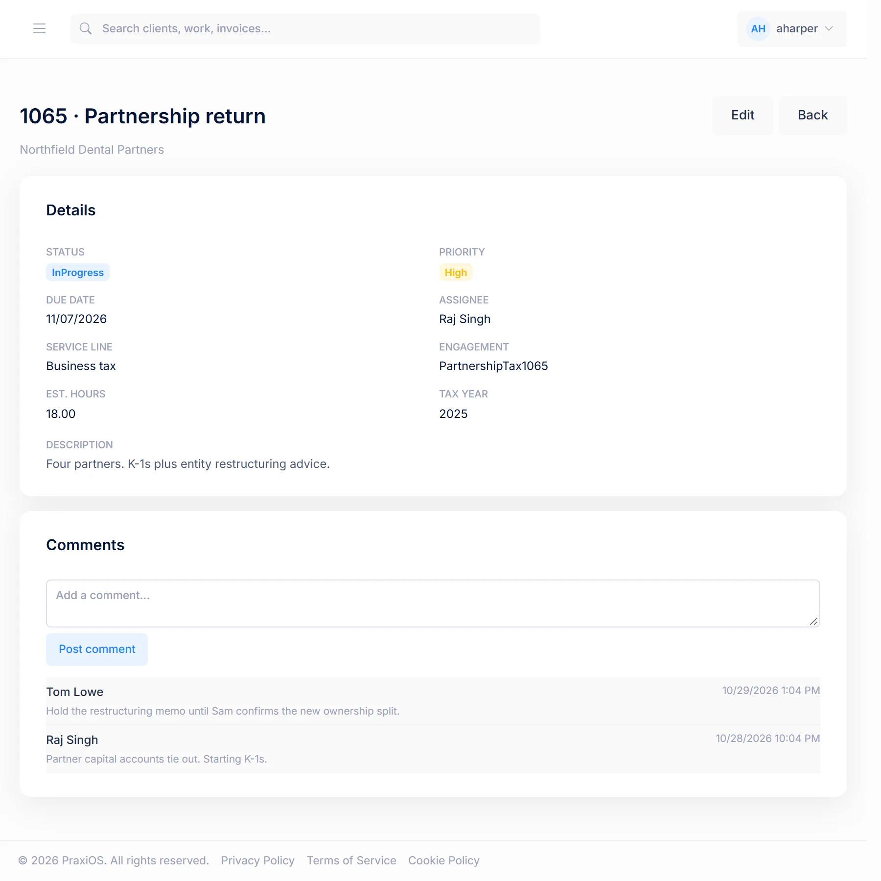 A work item in PraxiOS: status, priority, due date, assignee, service line, engagement type, estimated hours and tax year, with the job&rsquo;s comment thread.